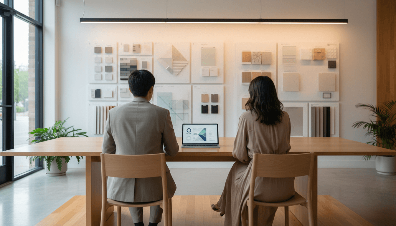 Designer and client at a consultation table with a tablet showing data visualisations